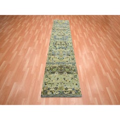 2'7"x10'5" Green Erased Persian Inspired Bird Design Hand Made Wool Runner Rug