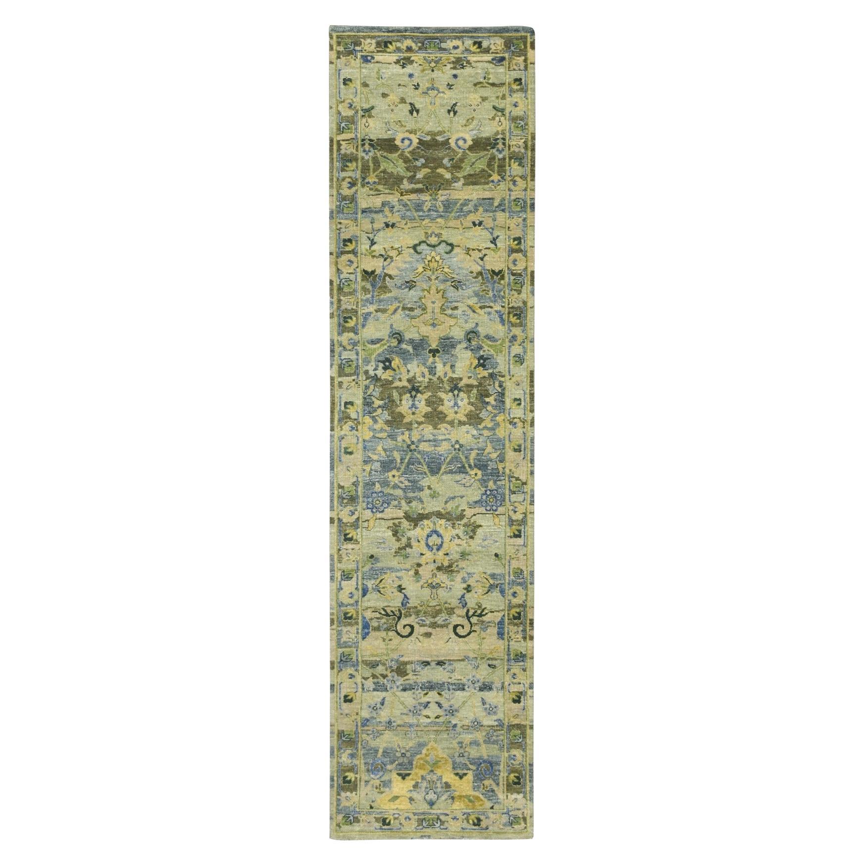 2'7 "x10'5" Grün gelöscht Persisch inspiriert Vogel Design Hand Made Wolle Läufer Teppich im Angebot