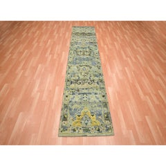 2'7"x10'6" Green Persian Inspired with Birds Design Hand Knotted Wool Runner Rug