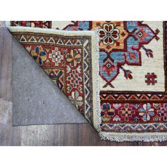 2'7"x10'7" Egg White Hand Knotted Super Kazak Large Motifs Runner Oriental Rug