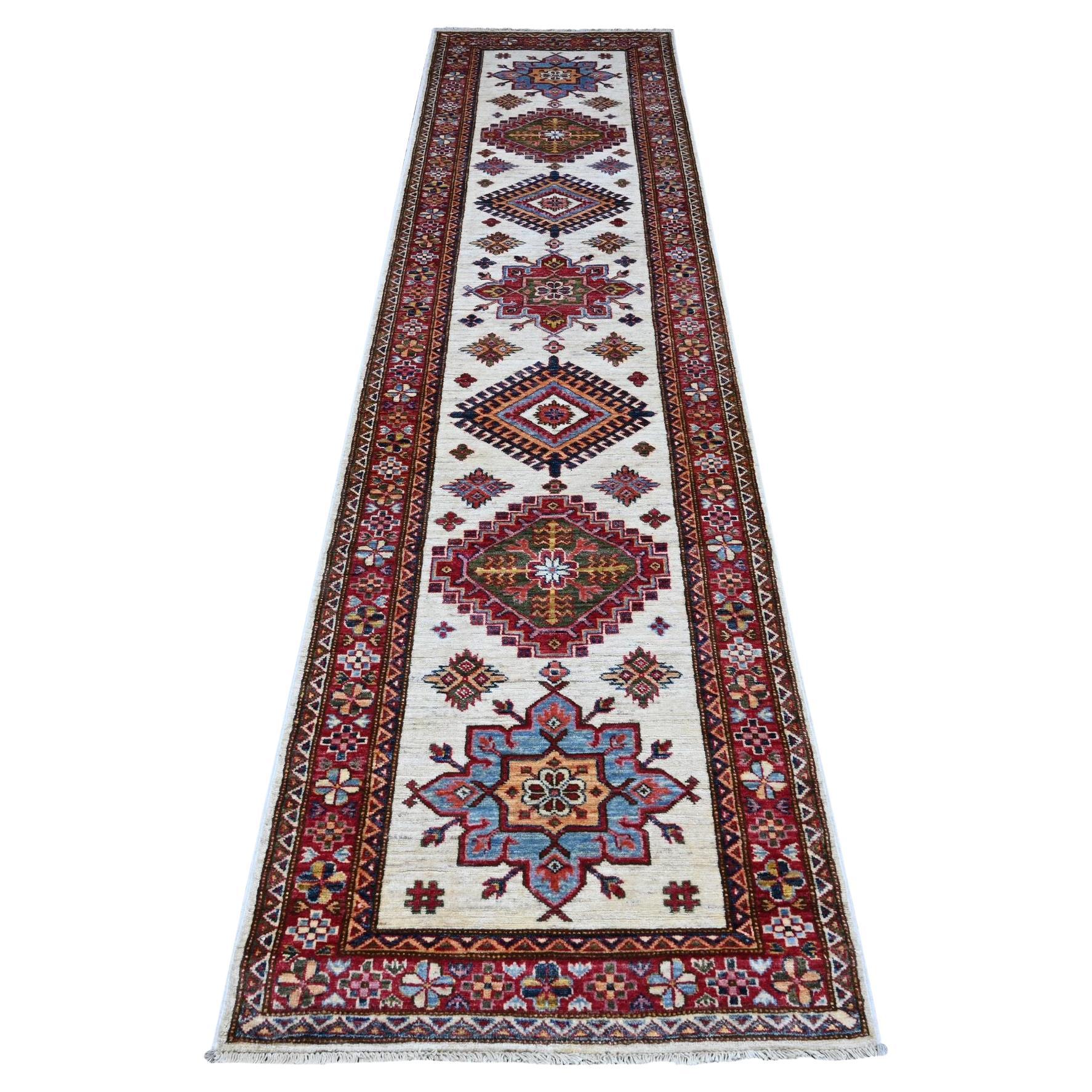 2'7"x10'7" Egg White Hand Knotted Super Kazak Large Motifs Runner Oriental Rug