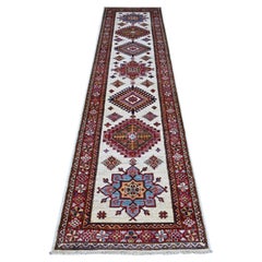 2'7 "x10'7" Blanco Huevo Anudado a Mano Super Kazak Motivos Grandes Alfombra Oriental Runner