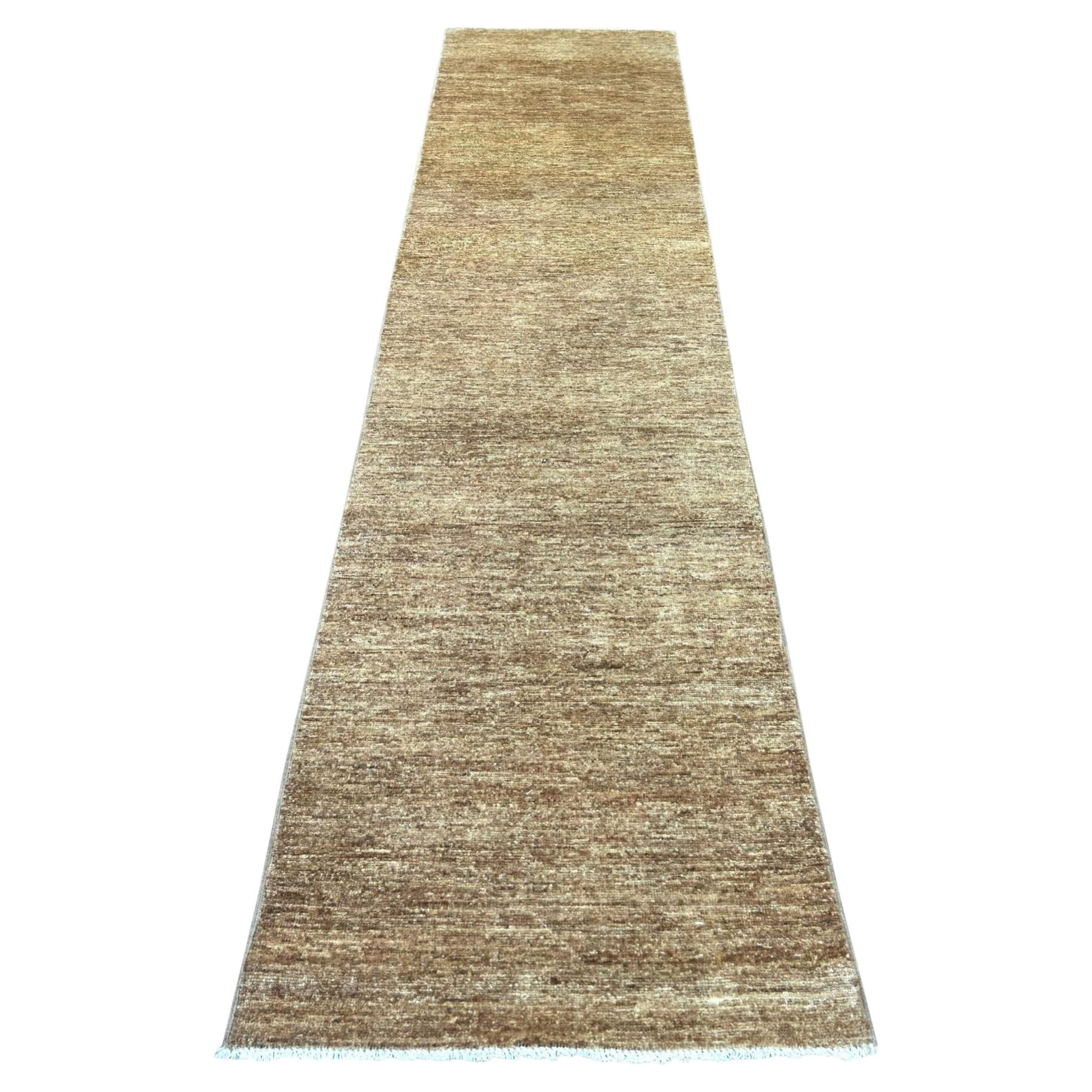 2'7"x11' Brown Plain Solid Pattern Hand Knotted Ghazni Wool Runner Oriental Rug