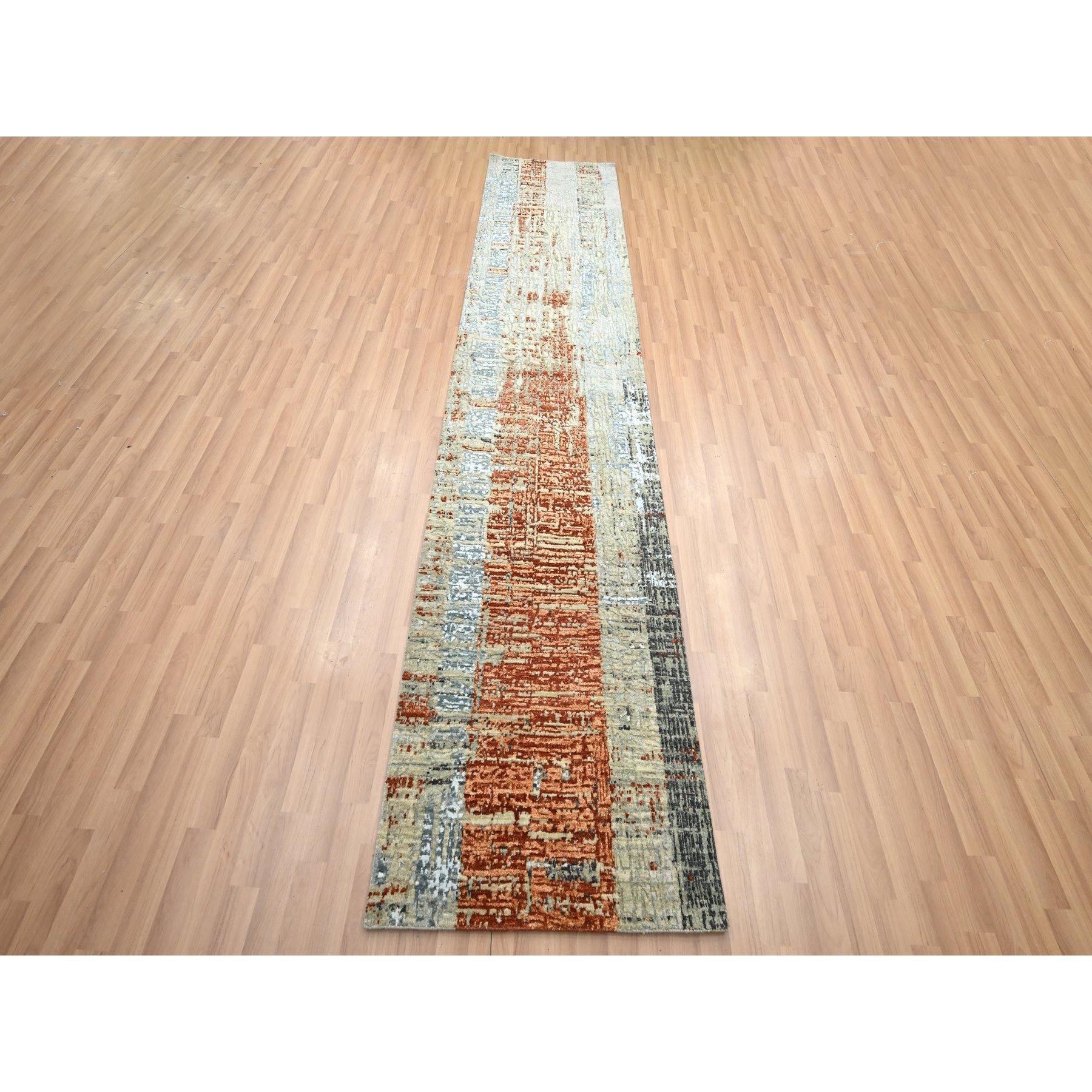Beige with Rust Orange, Persian Knot, Abstract with Galaxy Design, 100% Wool, Hand Knotted, Densely Woven, Runner, Oriental Rug
Primary materials: Wool
Latex: No Pile 
height: 0.25 Inches
Style: Contemporary
Primary color: Orange
Secondary colors: