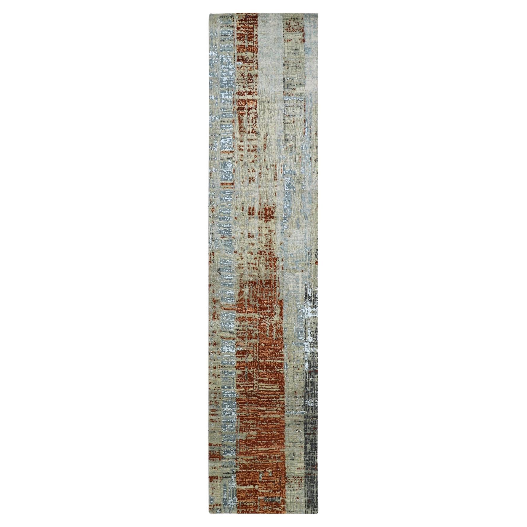 2'7"x11'10" Beige-Rust Persian Knot Abstract Design Hand Knotted Wool Runner Rug