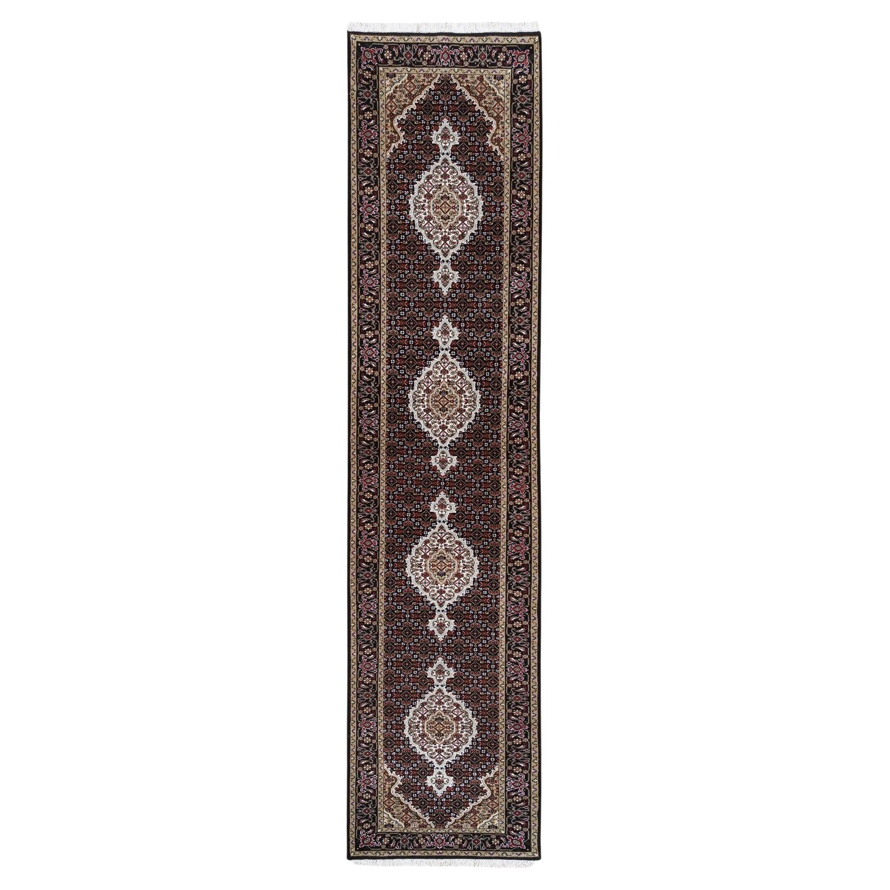 2'7"X11'10" Black Fish Medallion Design Tabriz Mahi Hand Knotted Wool & Silk Rug