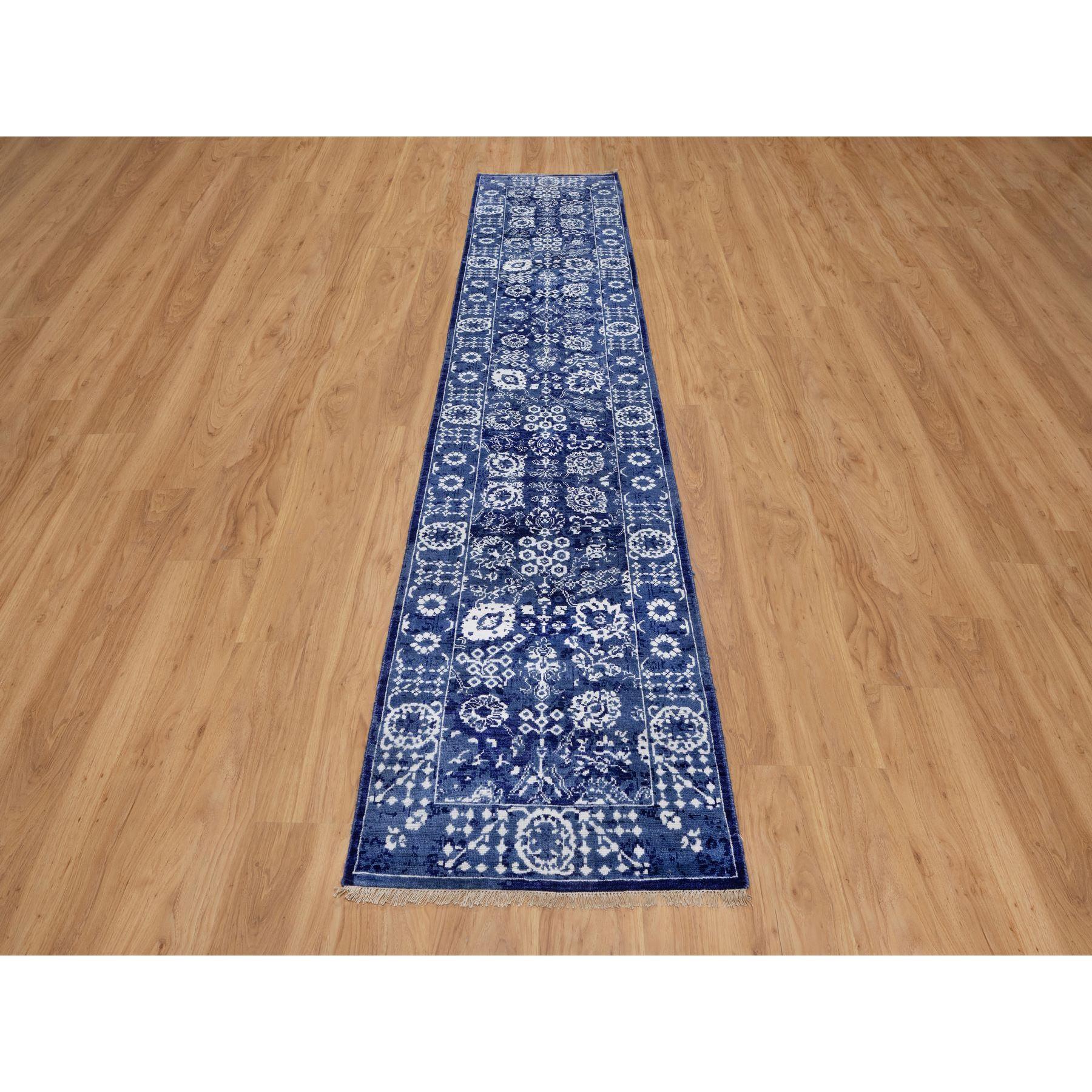 Infinity Blue with Ivory, Hand Knotted, Tone on Tone, Tabriz with All Over Leaf Design, Wool and Silk, Runner, Oriental Rug
Primary materials: Wool & Silk
Latex: No Pile 
height: 0.25 Inches
Style: Transitional
Primary color: Blue
Secondary colors: