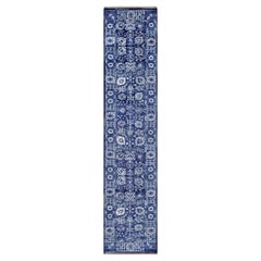 2'7"x11'10" Infinity Blue Hand Knotted Tone on Tone Tabriz Wool and Silk Rug