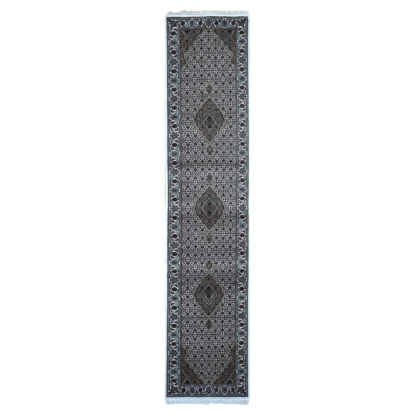 2'7"x11'10" Ivory Wool and Silk Tabriz Mahi Design Hand Knotted Runner Rug For Sale