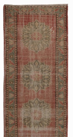 2.7x11.2 Ft Vintage Handmade Anatolian Runner Rug in Faded Red, Blue and Stone
