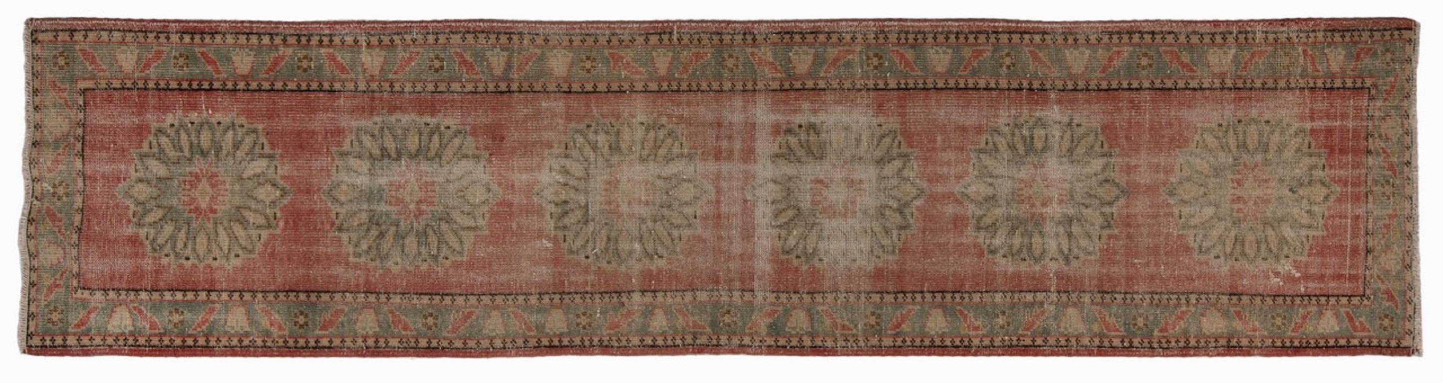 Oushak 2.7x11.2 Ft Vintage Handmade Anatolian Runner Rug in Faded Red, Blue and Stone For Sale