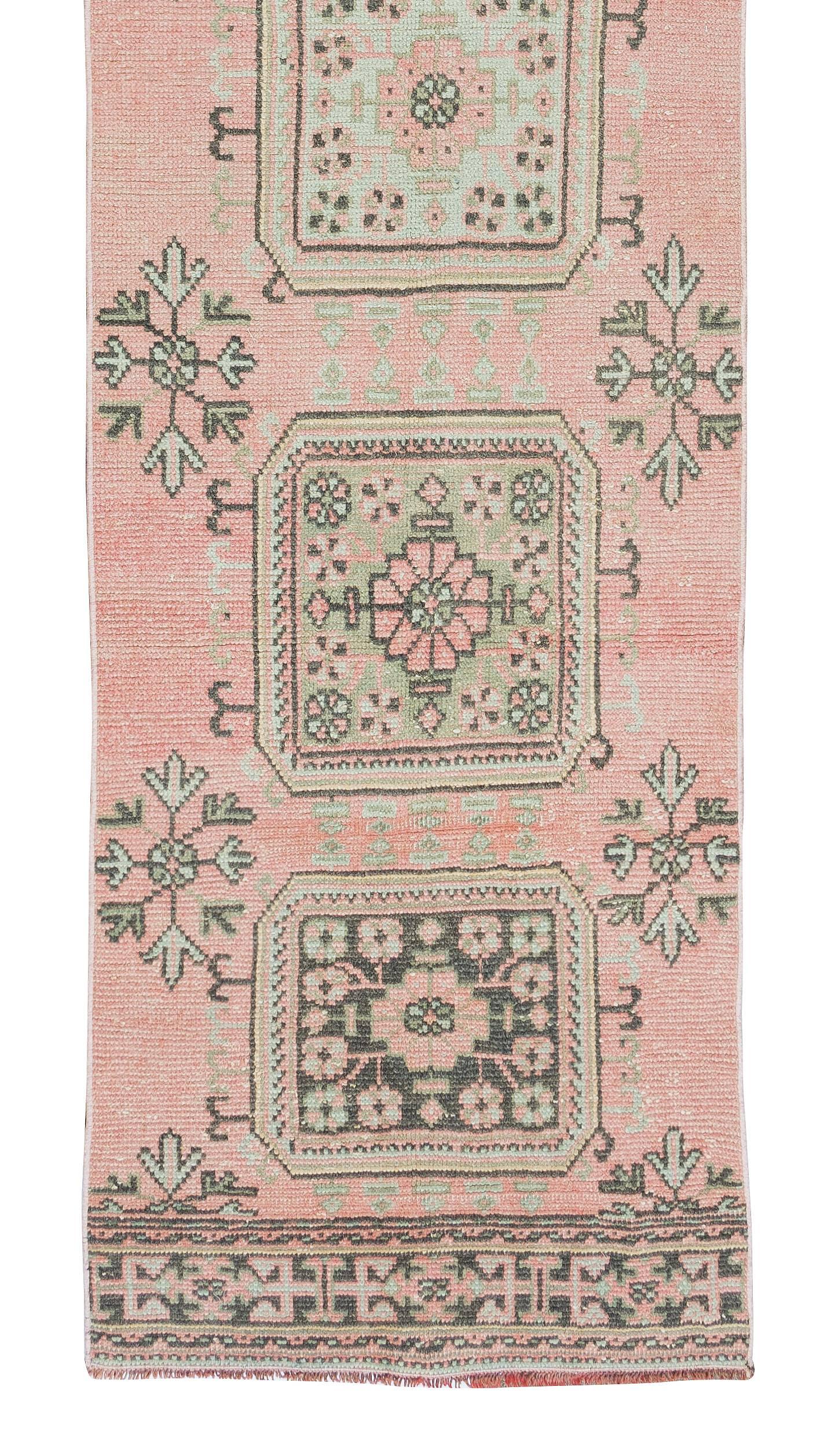 20th Century 2.7x11.3 Ft Unusual Turkish Runner, Ca 1960, Wool Hand-Knotted Rug for Hallway For Sale