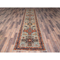2'7"x11'3" Misty Gray Caucasian Akstafa Design Hand Knotted Pure Wool Runner Rug