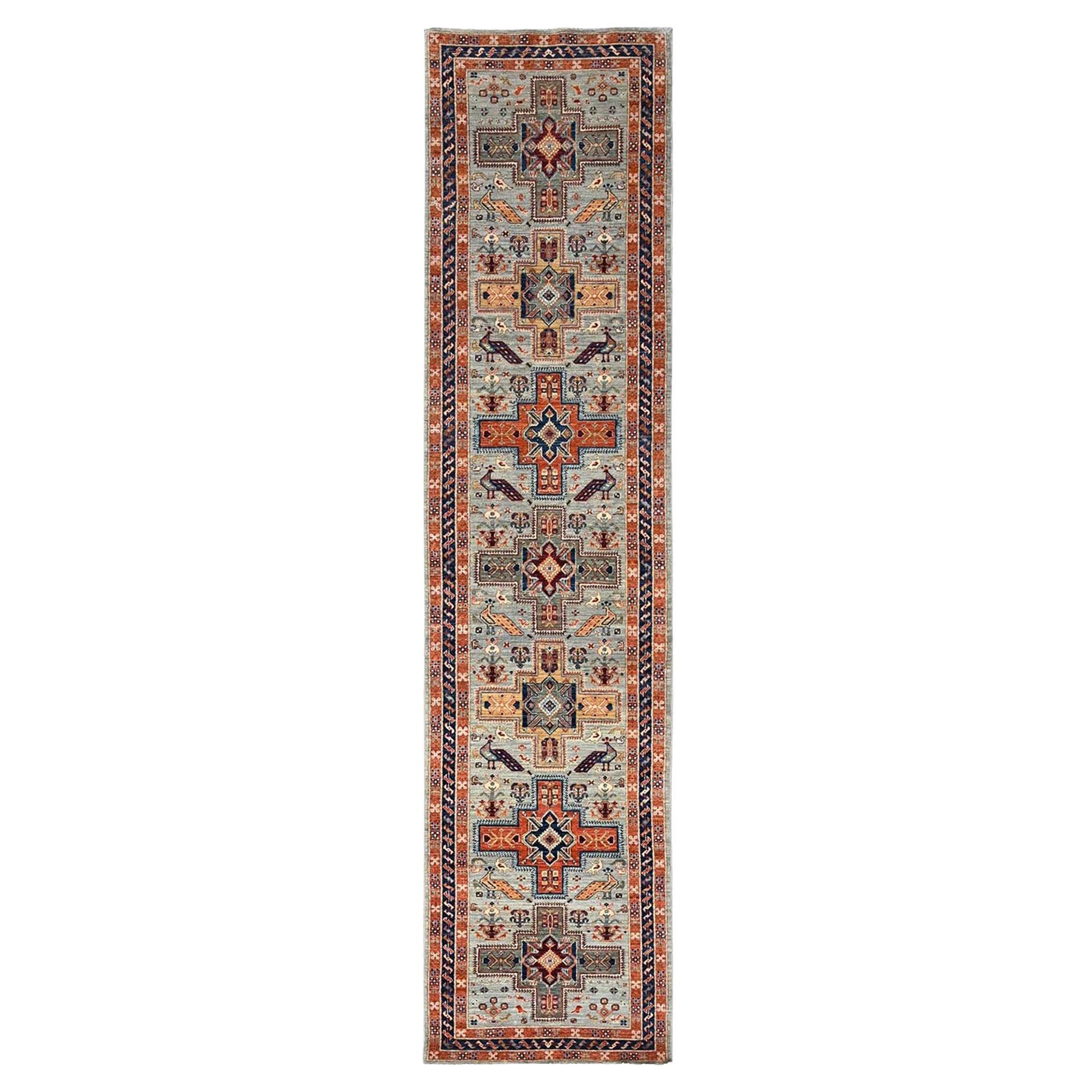 Tappeto Runner in pura lana annodato a mano 2'7 "x11'3" Misty Gray Caucasian Akstafa Design