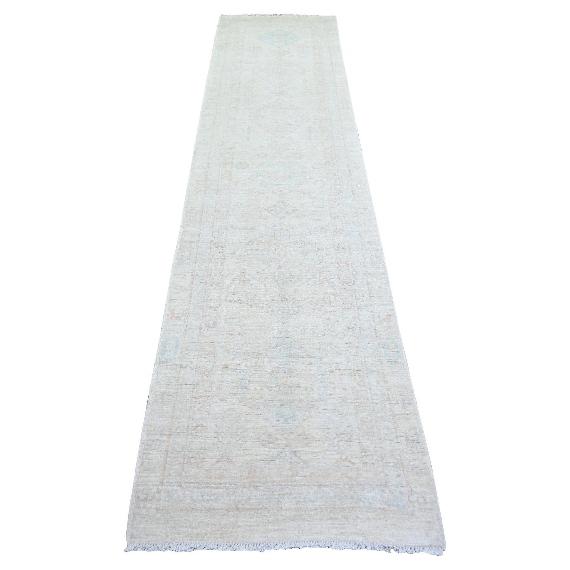 2'7"x11'3" White Wash Peshawar Wool Hand Knotted Oriental Rug