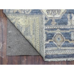 2'7"x11'5" Charcoal Gray Afghan Angora Ushak with Leaf Design Hand Knotted Rug