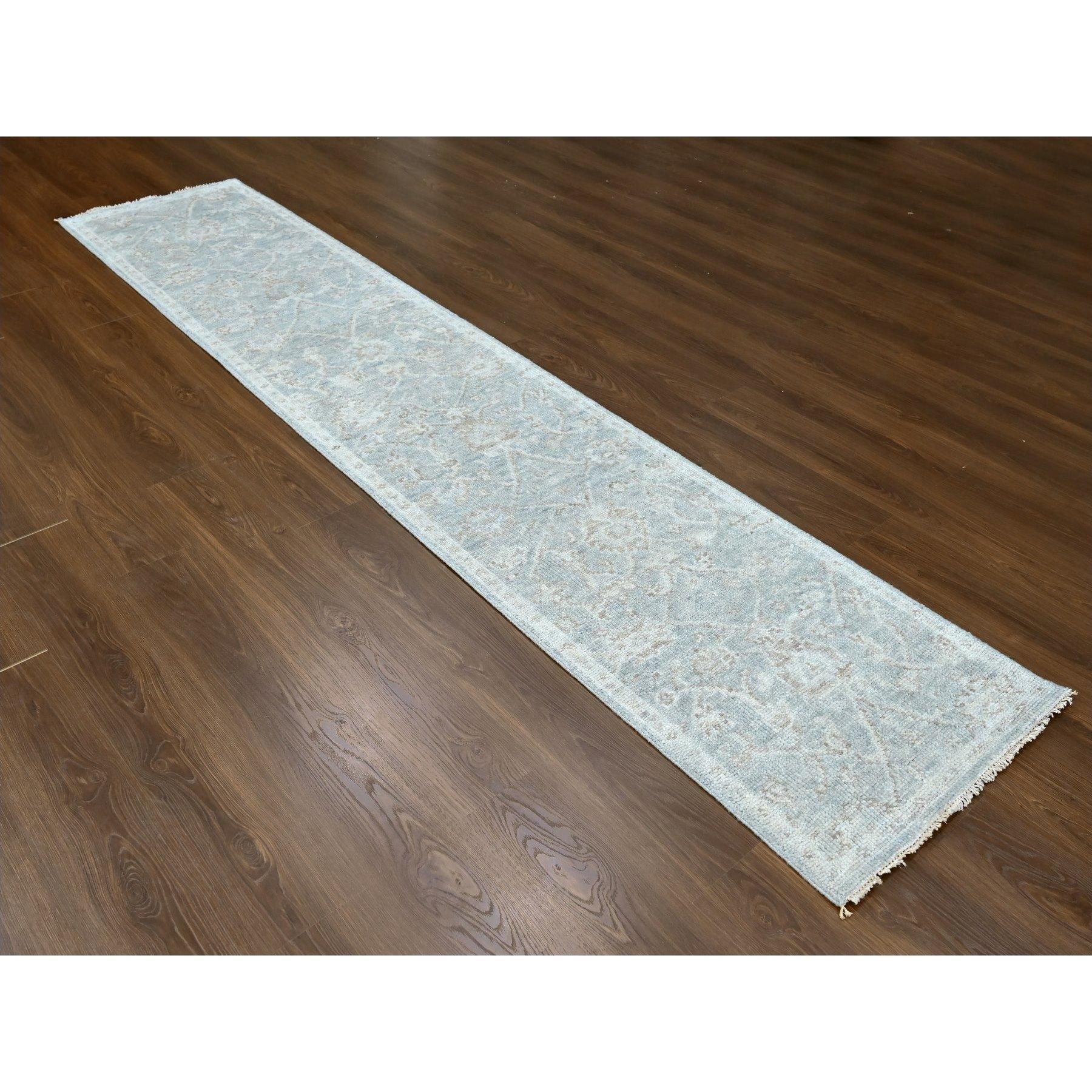 Misty Gray, Supple Collection, Oushak All Over Design, Soft Velvety Wool, Hand Knotted, Vegetable Dyes, Runner, Oriental Rug
Primary materials: Wool
Latex: No Pile 
height: 0.25 Inches
Style: Transitional
Primary color: Grey
Secondary colors: Brown,