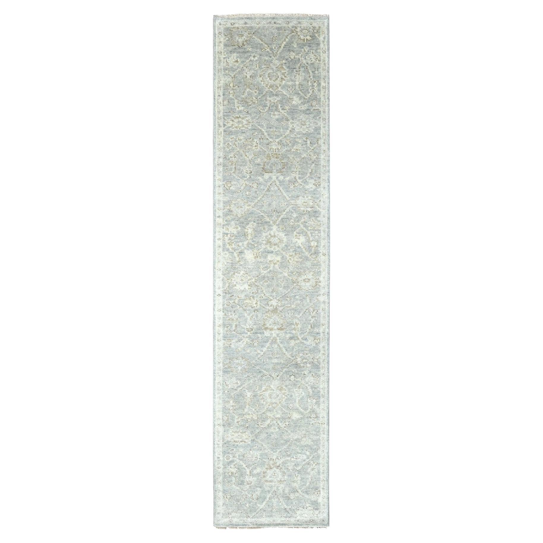 2'7"x11'5" Misty Gray Oushak All Over Design Hand Knotted Soft Wool Runner Rug