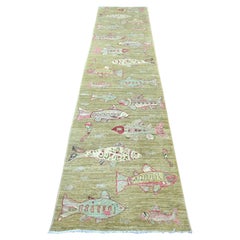2'7"x11'5" Swamp Green Hand Knotted Peshawar Oceanic Fish Design Wool Runner Rug