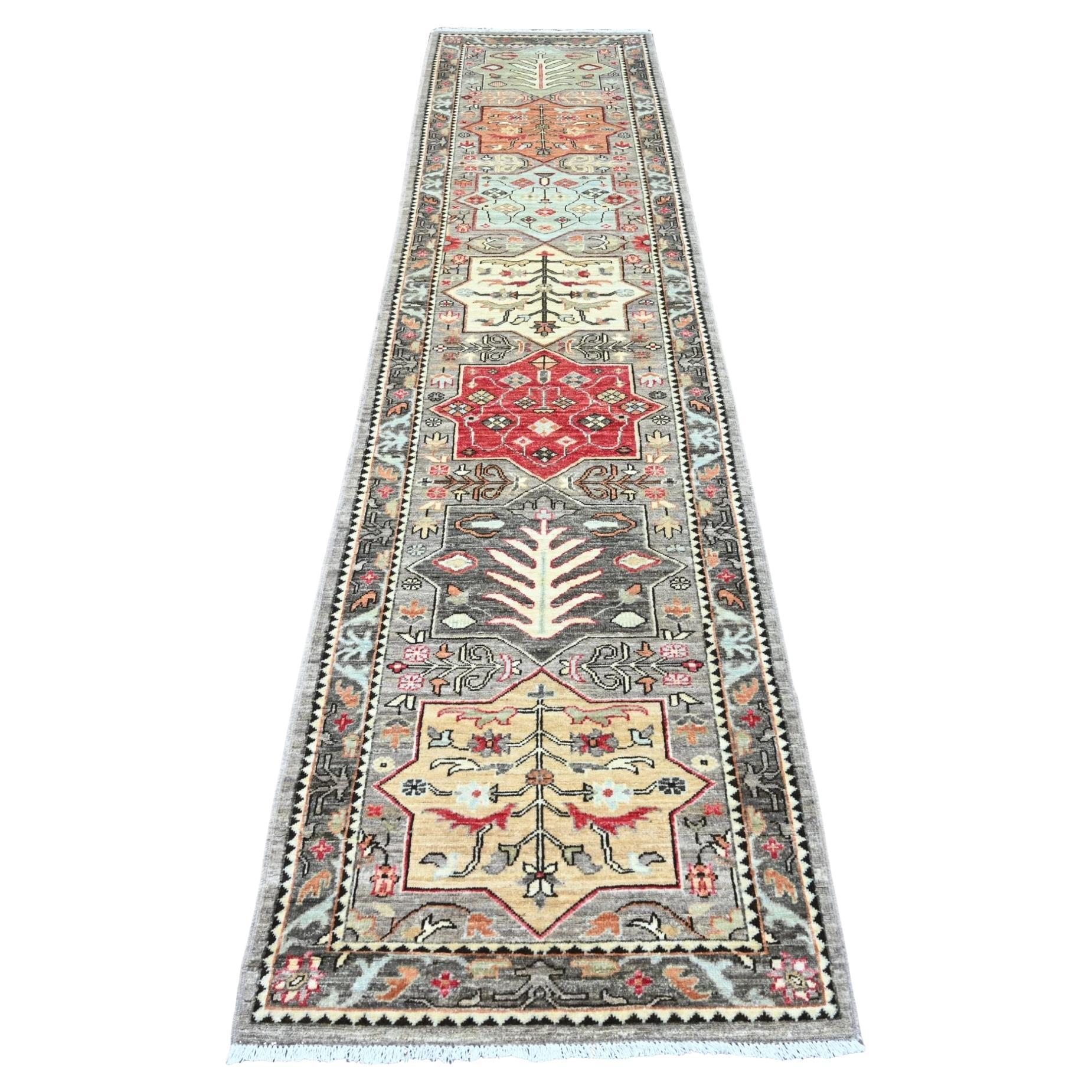 2
7 "x11
6" Grau Peshawar Kaukasisch Akstafa Design Handgeknüpft Wolle Läufer Teppich