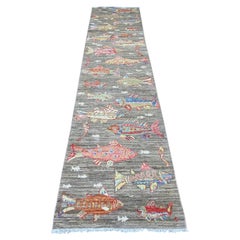 2'7"x11'7" Gray Afghan Peshawar Oceanic Fish Design Hand Knotted Wool Runner Rug