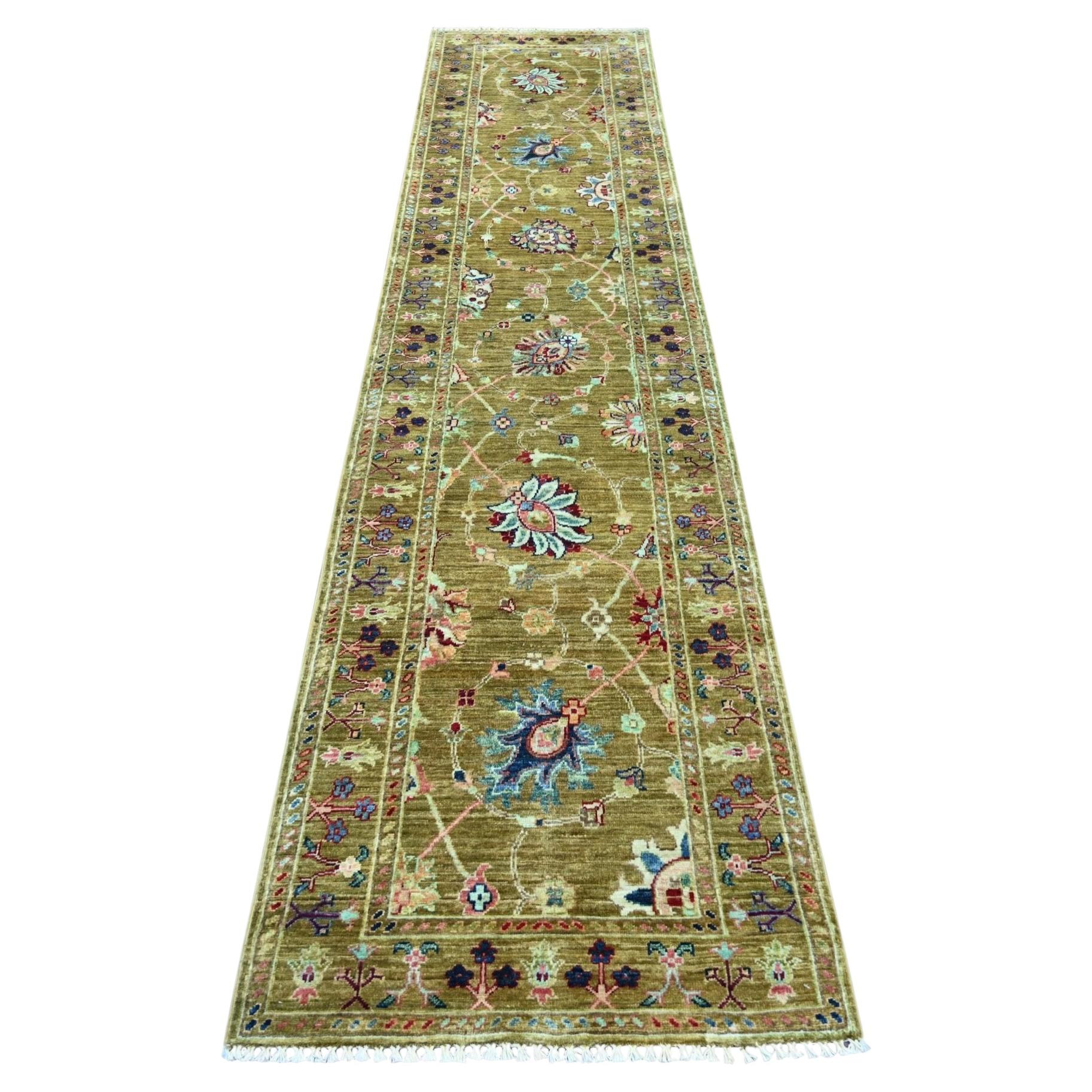 2'7"x11'7" Mustard Yellow Hand Knotted Afghan Sultani Pure Wool Runner Rug