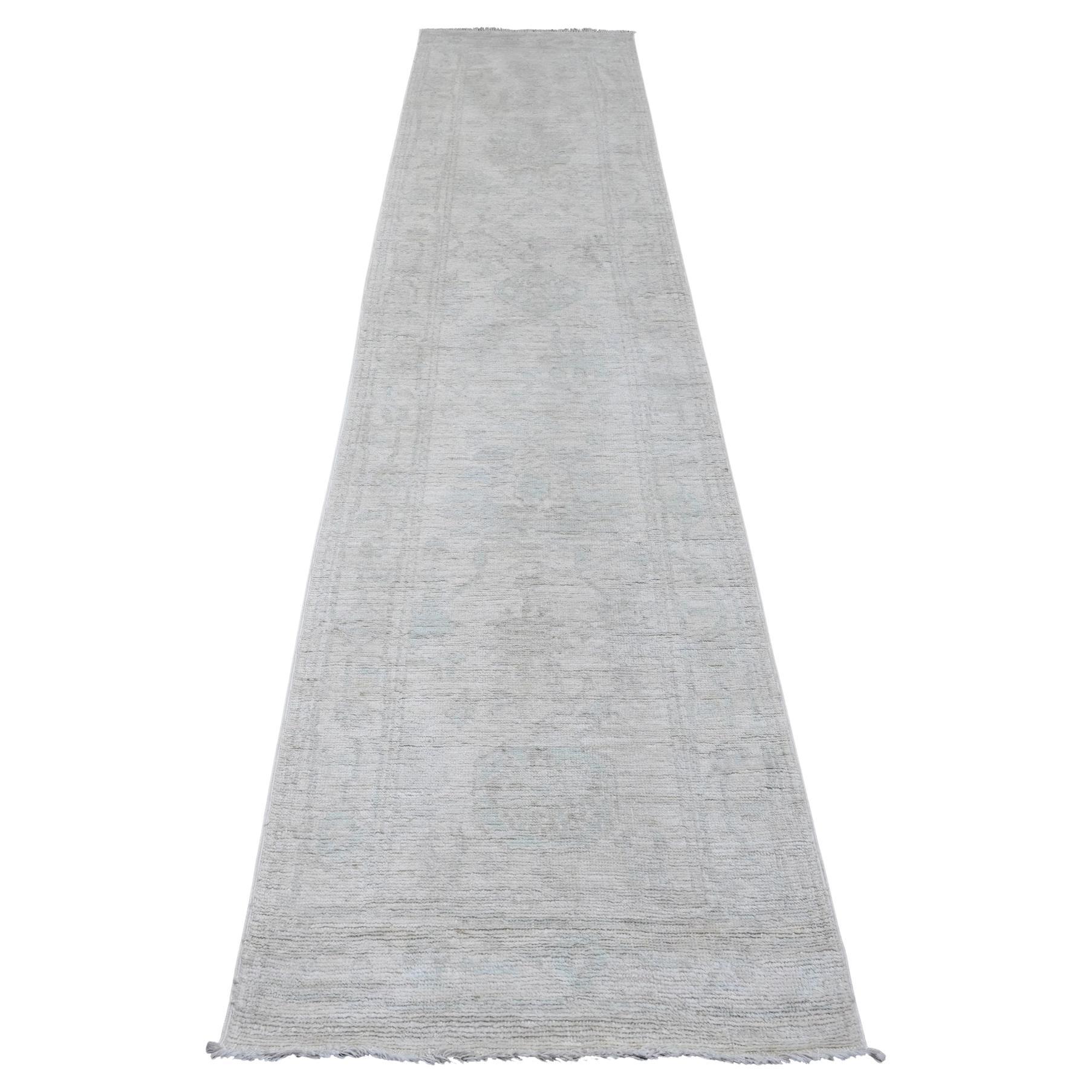 2'7 "x11'7" Perlweiß Handgeknüpft Afghan Angora Oushak Wolle Läufer Orientalisch im Angebot