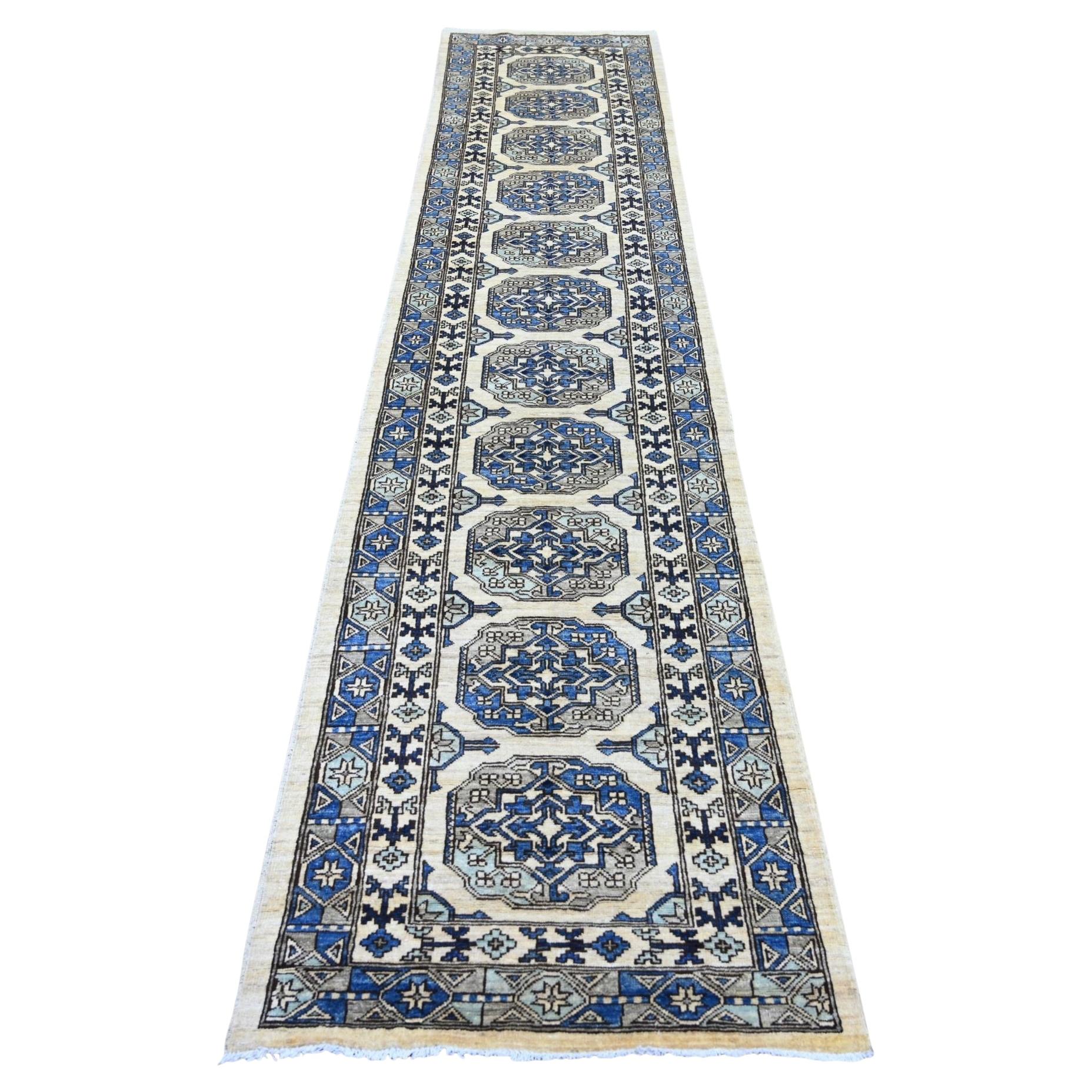 2'7"x11'8" Ivory Afghan Ersari Elephant Feet Design Hand Knotted Wool Runner Rug