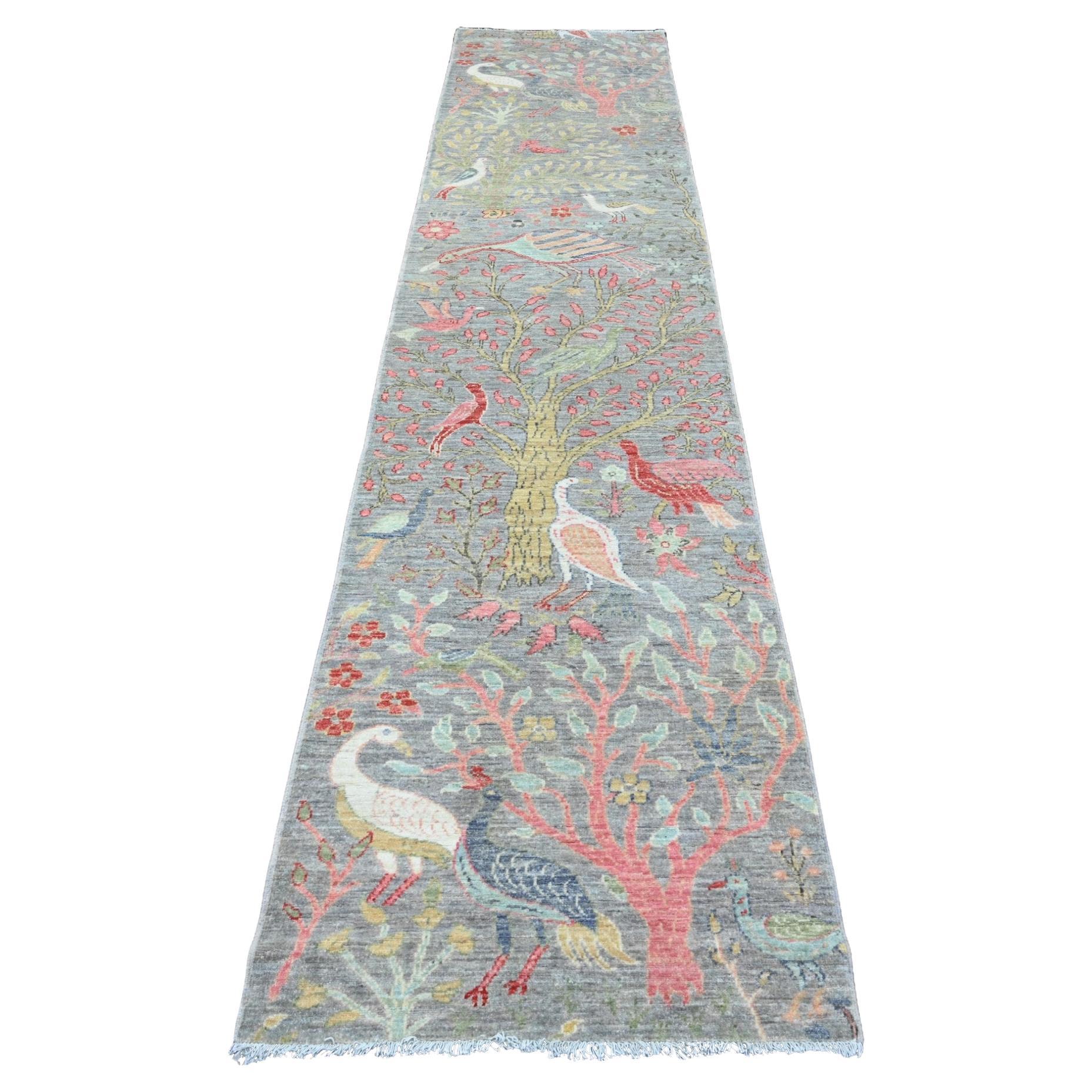 2'7 "x11'8" Nerz Grau Afghan Peshawar Vögel Design Wolle Hand geknüpft Läufer Teppich