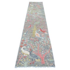 2'7 "x11'8" Nerz Grau Afghan Peshawar Vögel Design Wolle Hand geknüpft Läufer Teppich