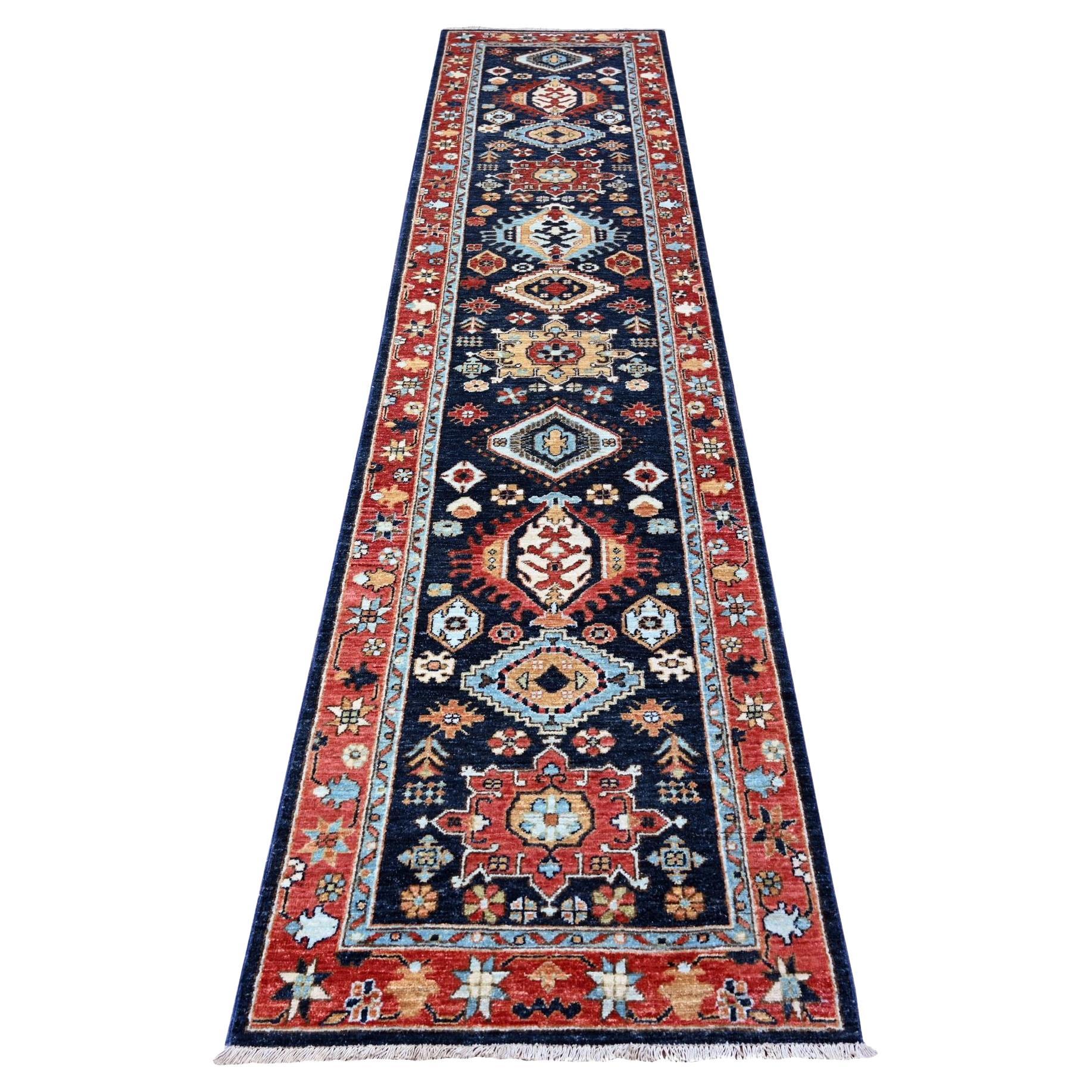 2'7 "x11'8" Marineblau Karajeh Design Handgeknüpft Wolle Läufer Orientteppich