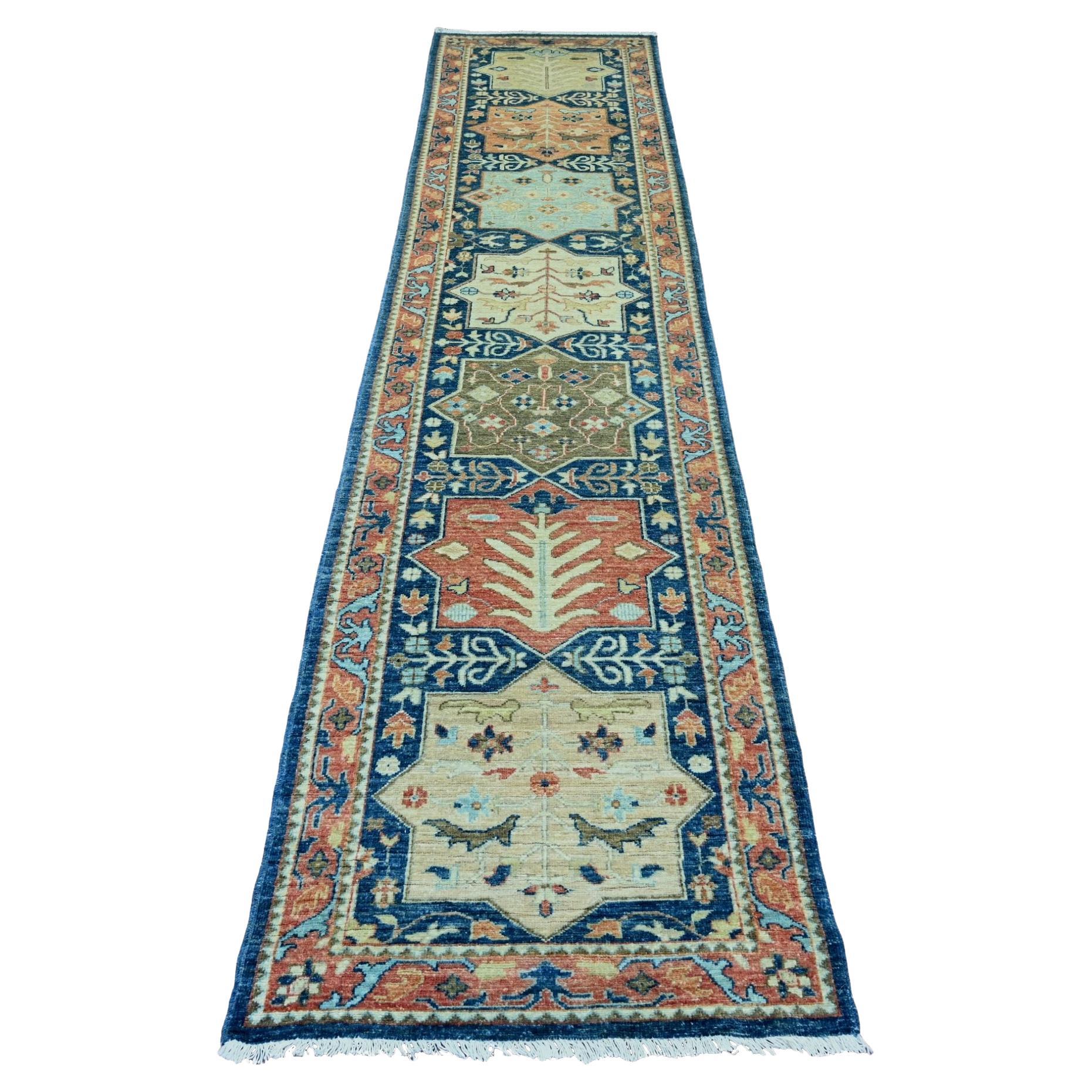 2'7 "x11'9" Blu Aryana Grade Peshawar Akstafa Design Runner in lana annodato a mano