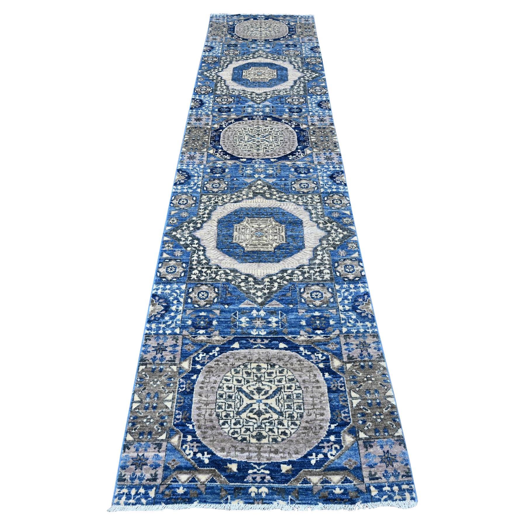 2
7"x11
9" Blue Aryana Hand Knotted Mamluk Design Soft Wool Runner Oriental Rug