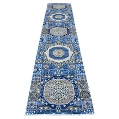 2
7"x11
9" Blue Aryana Hand Knotted Mamluk Design Soft Wool Runner Oriental Rug
