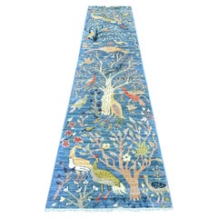 2'7"x11'9" Blue Peshawar Birds of Paradise Design Hand Knotted Wool Runner Rug