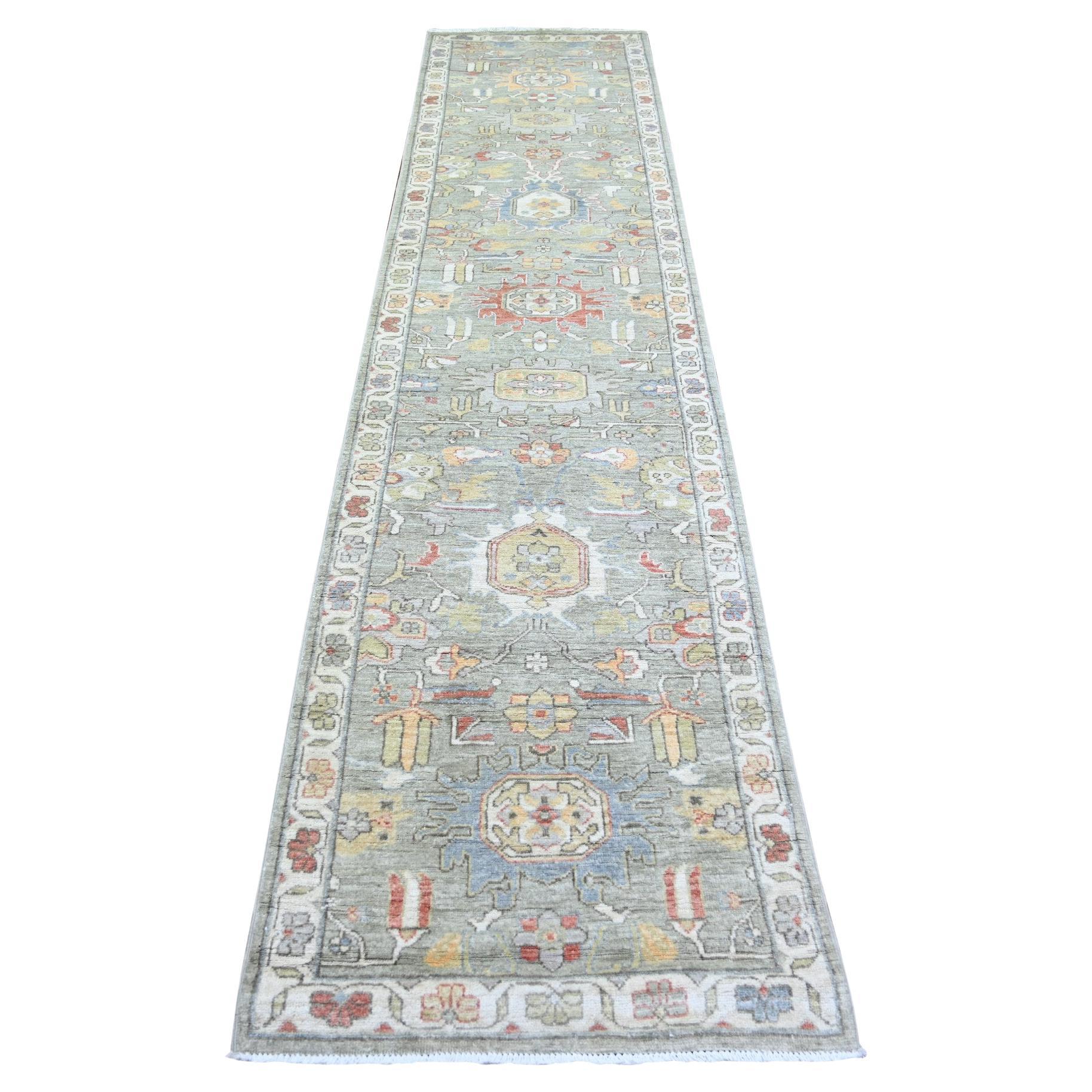 2
7"x11
9" Echo Gray, Pure Wool Hand Knotted, Finer Peshawar Runner Rug
