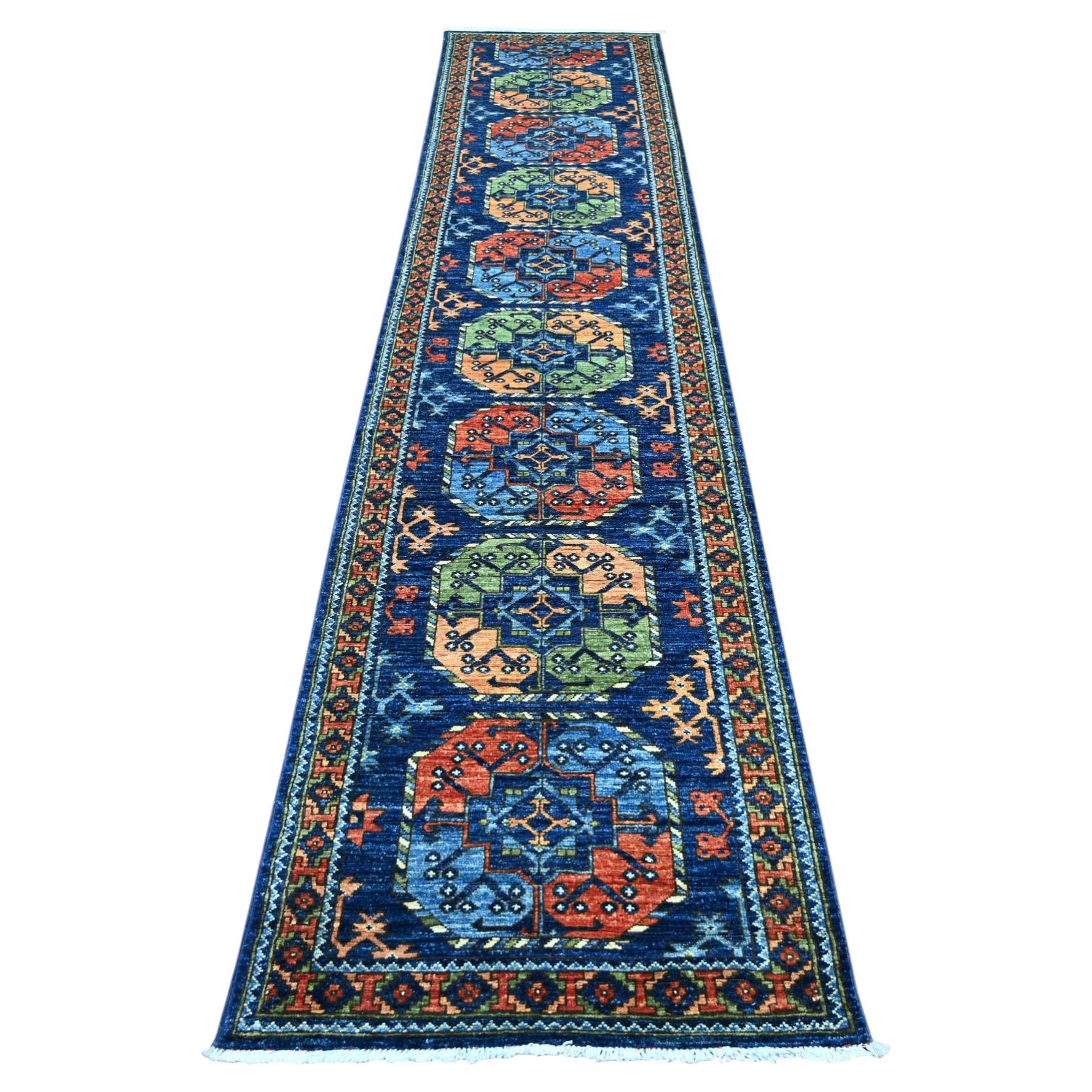 2'7"x12' Blue Afghan Ersari Elephant Feet Design Hand Knotted Wool Runner Rug For Sale