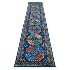 2'7"x12' Blue Afghan Ersari Elephant Feet Design Hand Knotted Wool Runner Rug