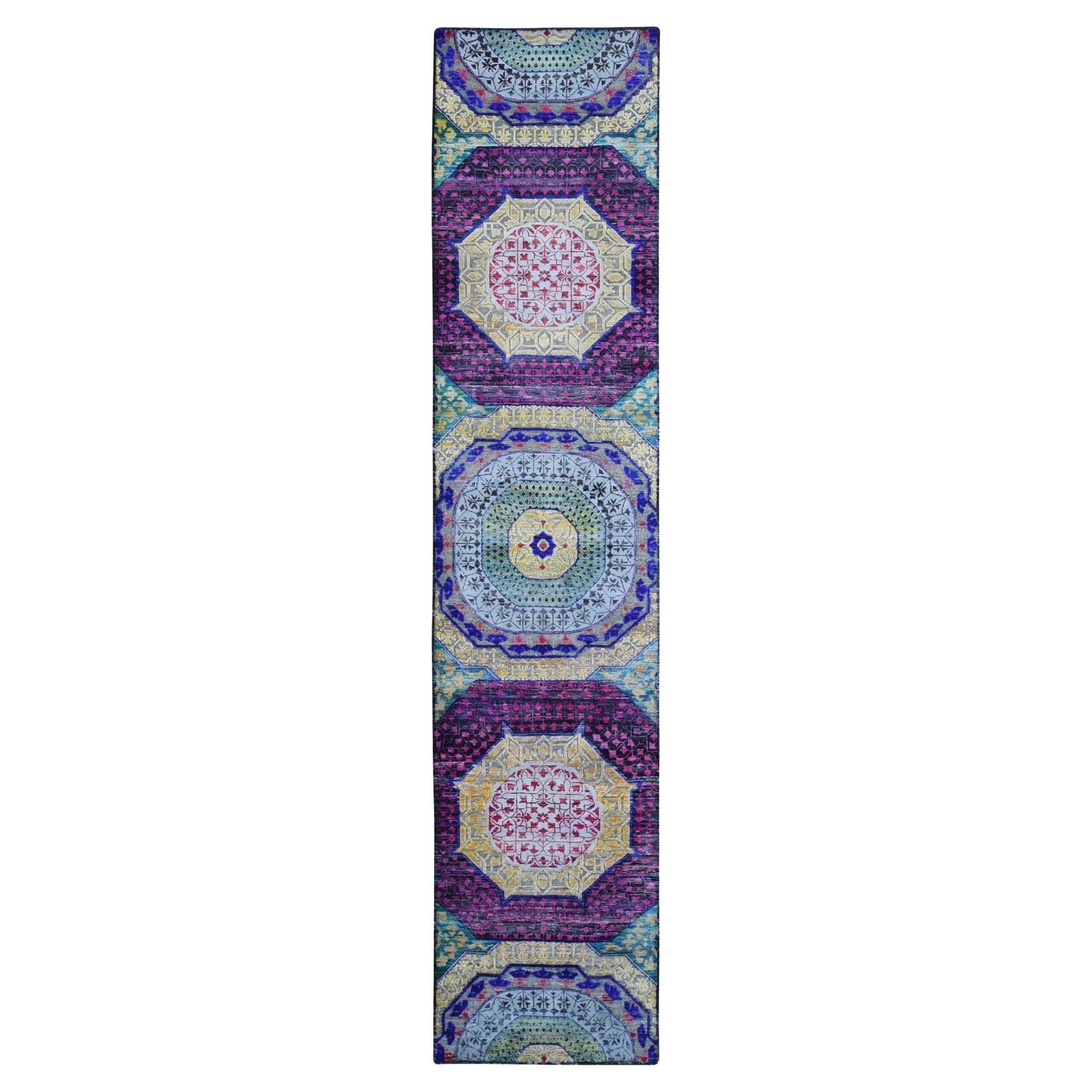 2'7 "x12' Tapis de course bleu en soie Sari et laine texturée Mamluke Design Rugs noués à la main