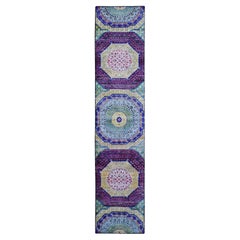 2'7 "x12' Tapis de course bleu en soie Sari et laine texturée Mamluke Design Rugs noués à la main