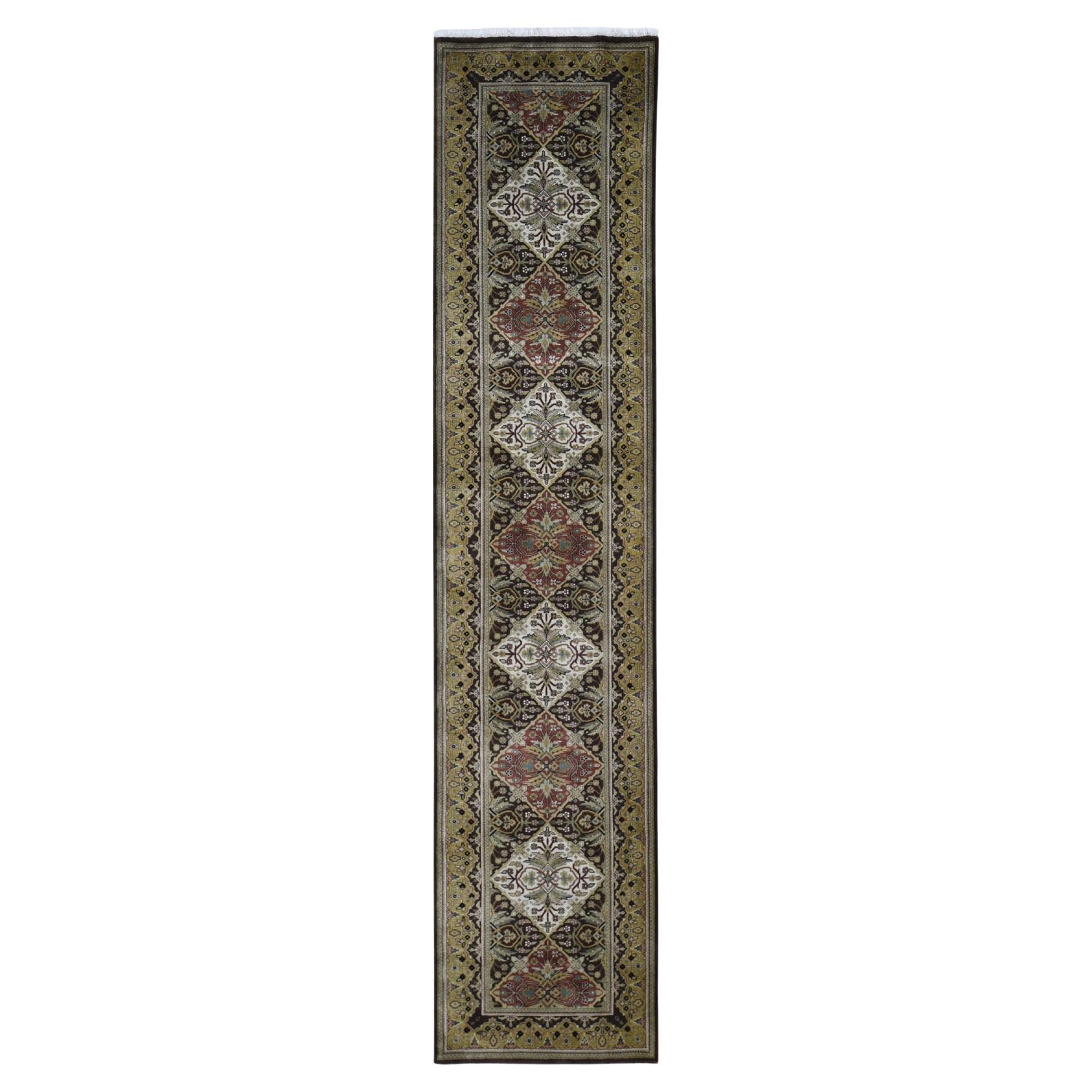 2'7"x12' Brown Tabriz Garden Design Runner Hand Knotted Pure Wool Oriental Rug