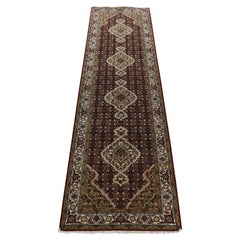 2'7 "x12' Chocolate Cosmos Red, Tabriz Mahi, Tappeto Runner Annodato a Mano 100% Lana