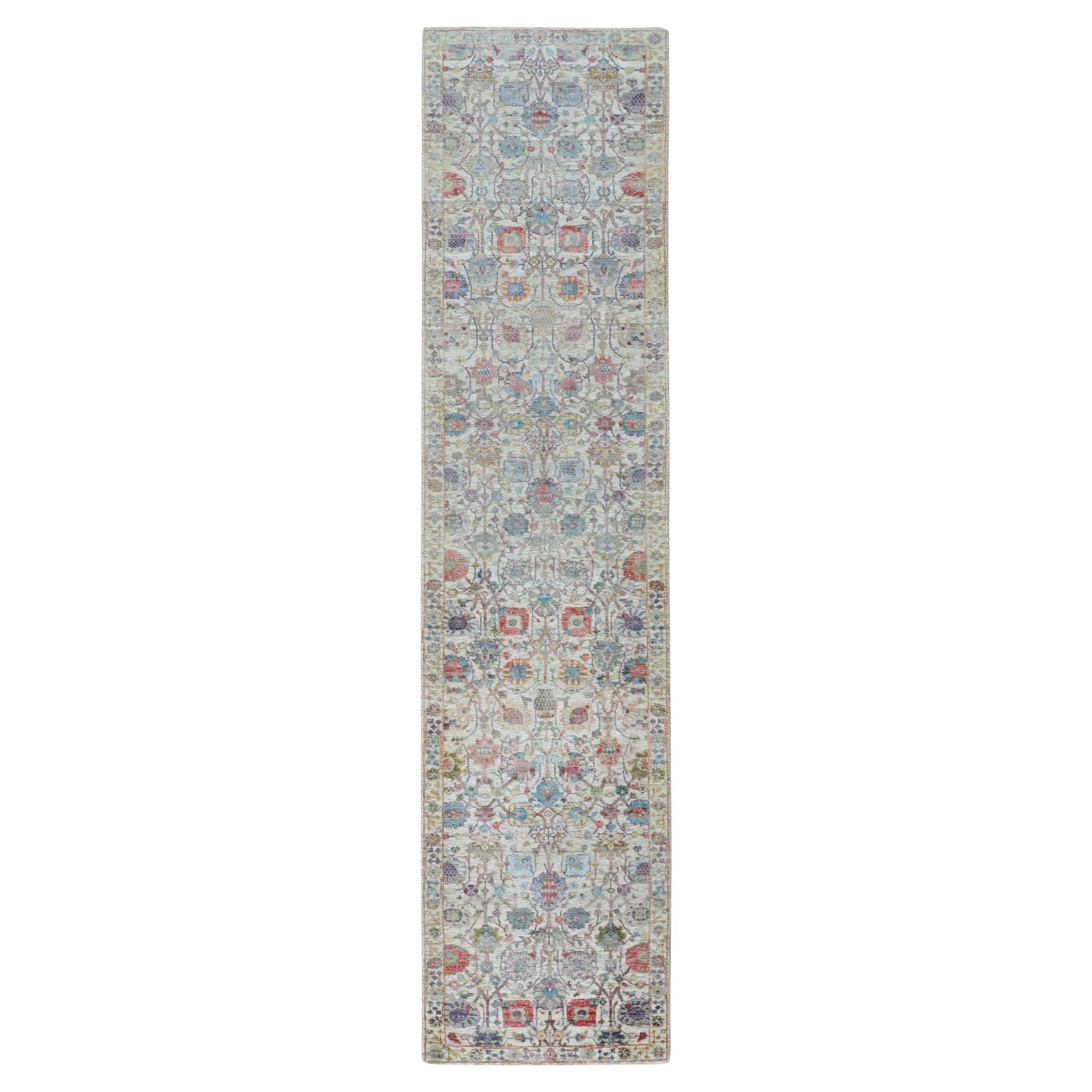 2'7"x12' Colorful Silk With Textured Wool Tabriz Design Runner Hand Knotted Rug