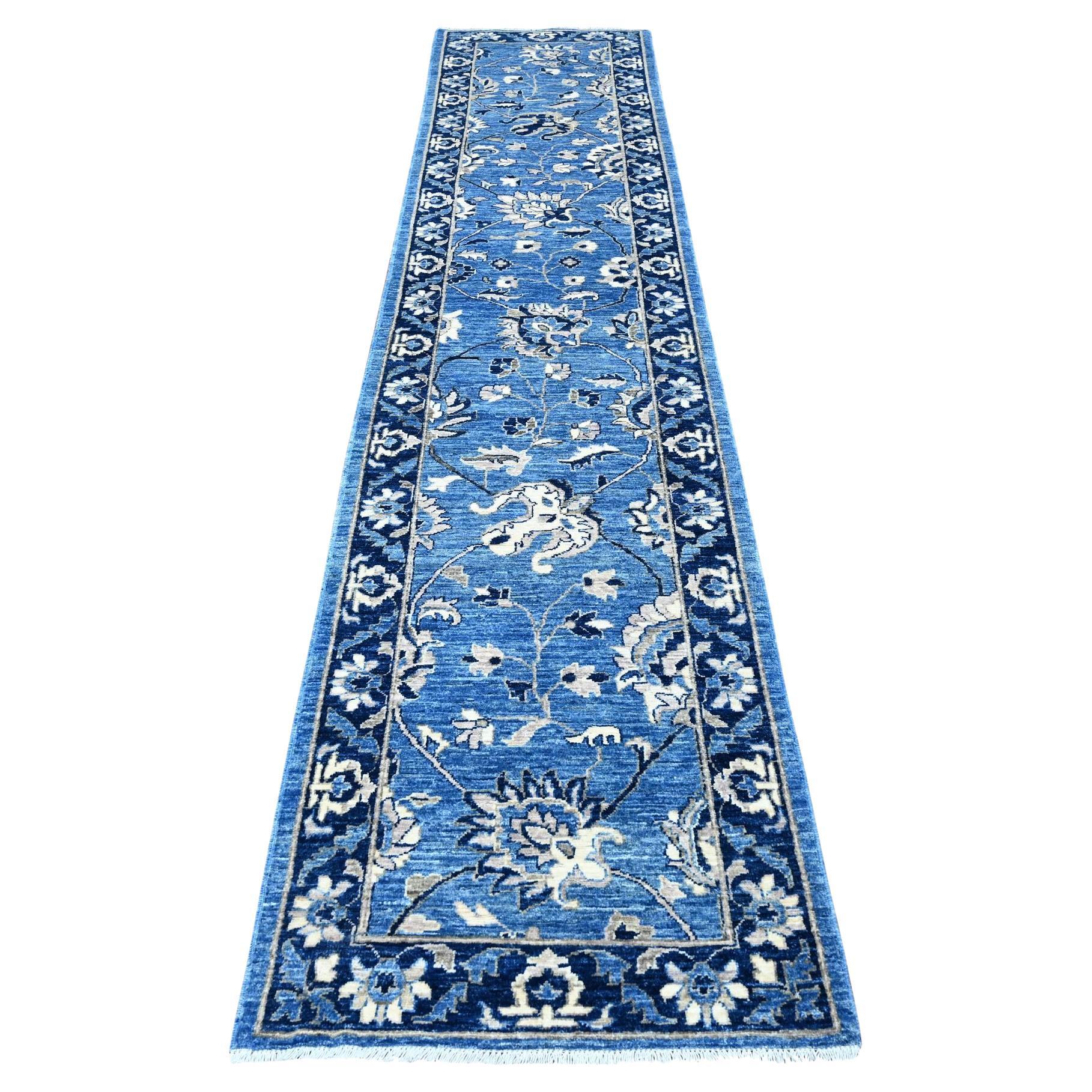 2'7 "x12' Denim Blau Mahal Design Handgeknüpft Peshawar Wolle Läufer Orientteppich im Angebot