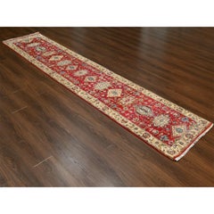 2'7"x12' Fire Brick Red, Karajeh Design, Pure Wool, Hand Knotted Runner Rug