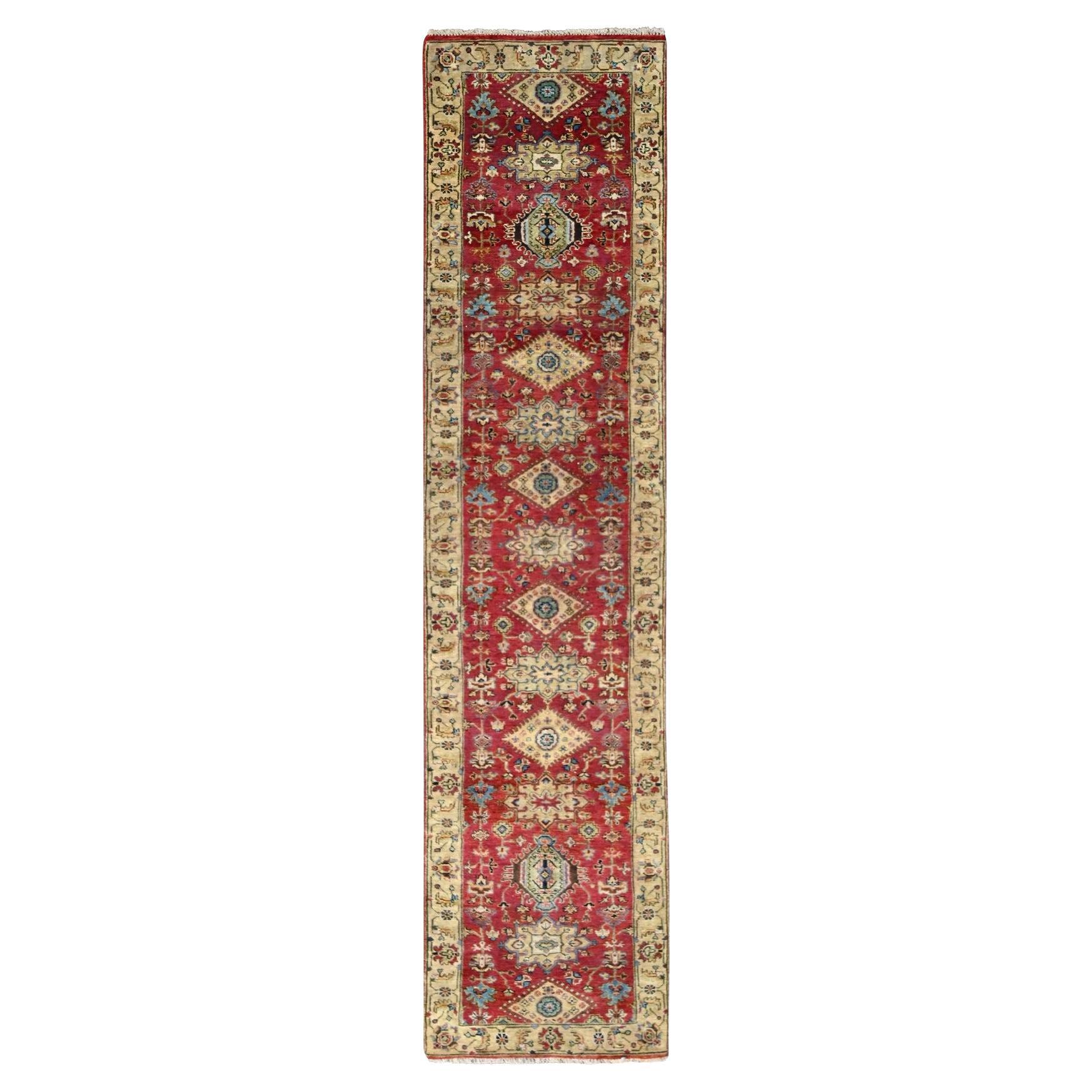 2
7"x12
 Fire Brick Red, Karajeh Design, Pure Wool, Hand Knotted Runner Rug For Sale