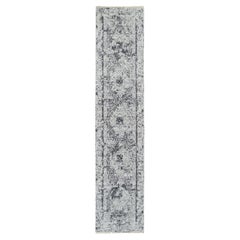 2'7 "x12' Gris, noué à la main, Design Persne effacé, Laine et soie, Tapis de course