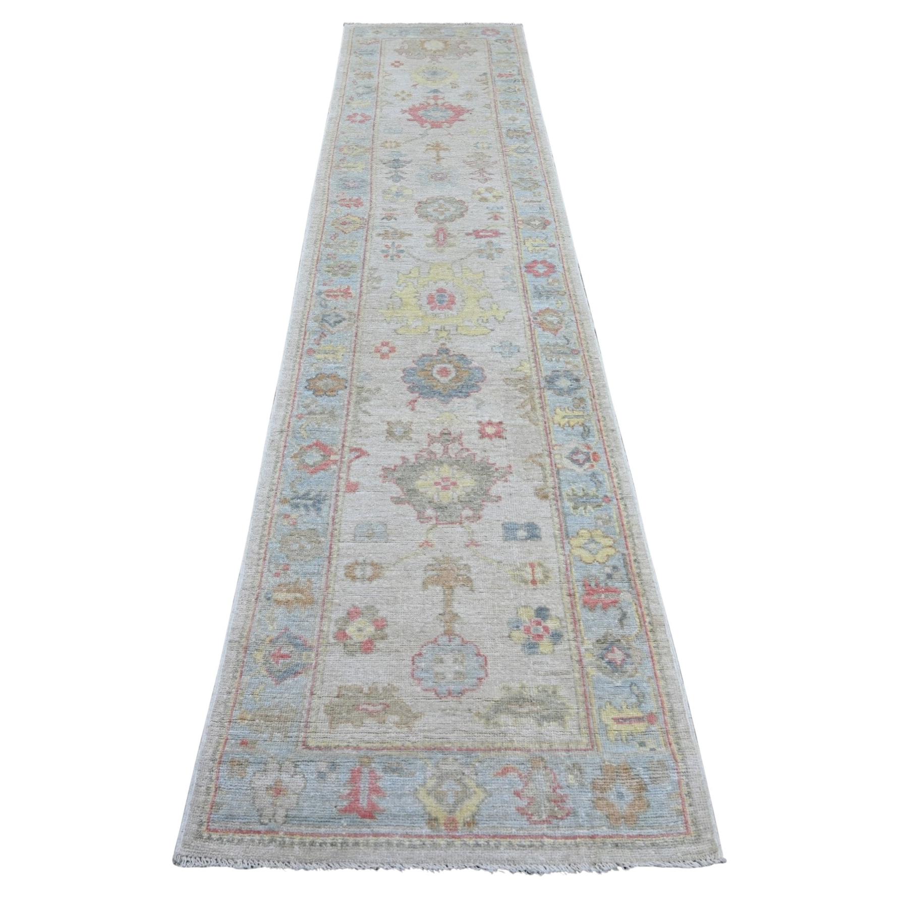 2'7"x12' Gray Pure Wool Hand Knotted Afghan Angora Oushak Runner Oriental Rug