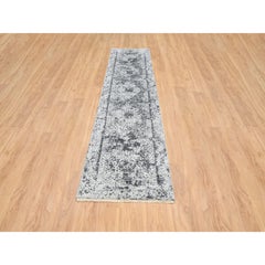 2'7"x12' Gray, Wool and Silk Hand Knotted, Erased Persian Design, Runner Rug