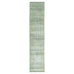 2'7"x12' Green Hand Knotted Oxidized & Distressed Grass Design Wool Runner Rug